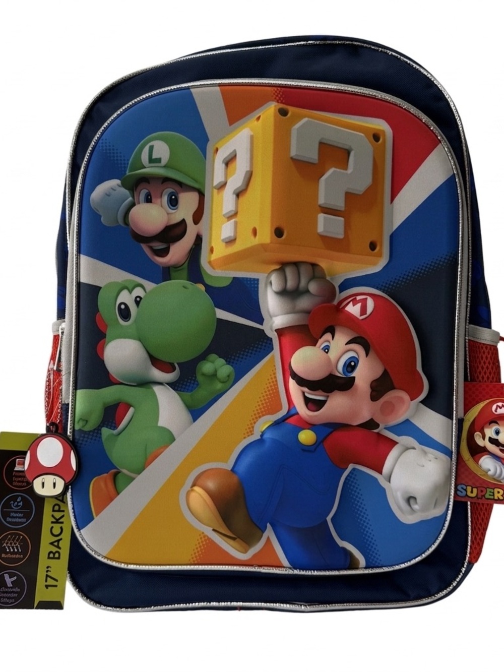Nintendo Super Mario 17" Kids Backpack Blue Red Mario Luigi Yoshi 3D Mario